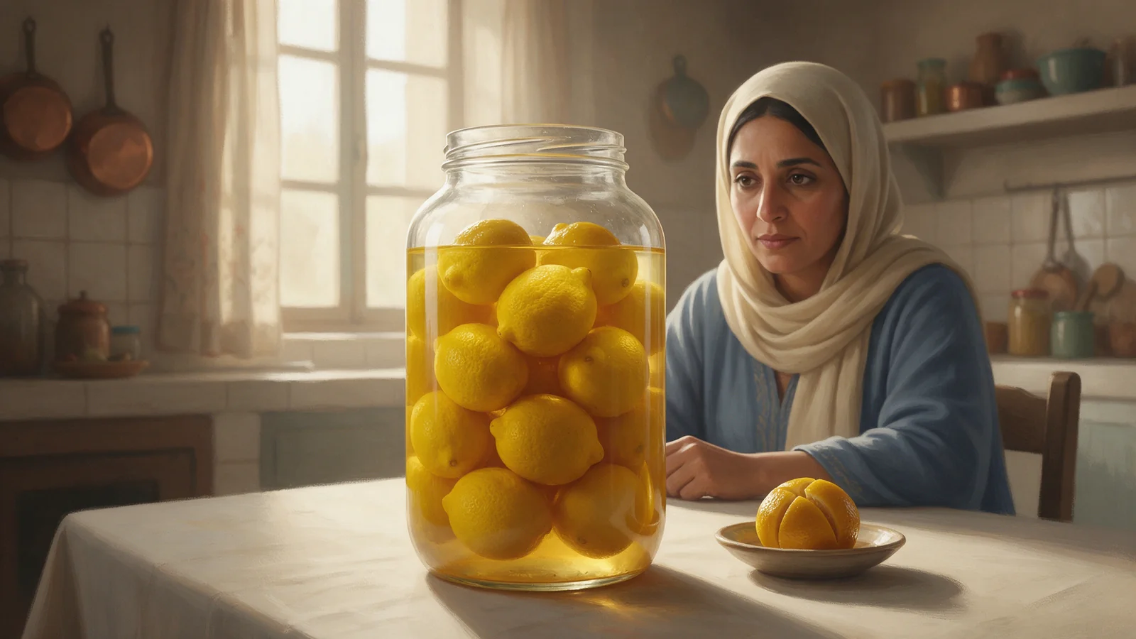 مرطبان ليمون مخلل وطبق صغير أمام امرأة في مطبخ