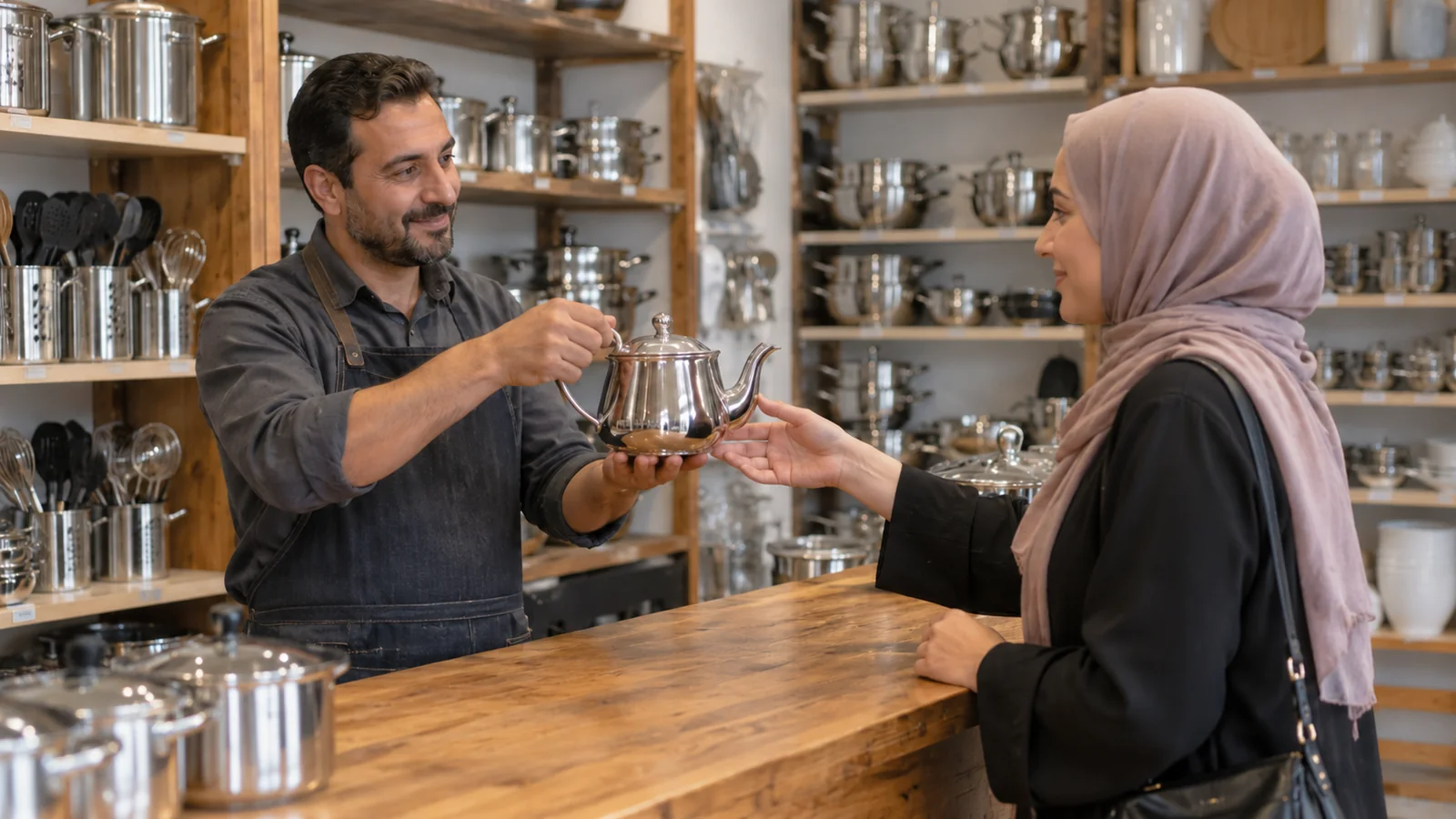 امرأة تشتري إبريق شاي من متجر أدوات منزلية