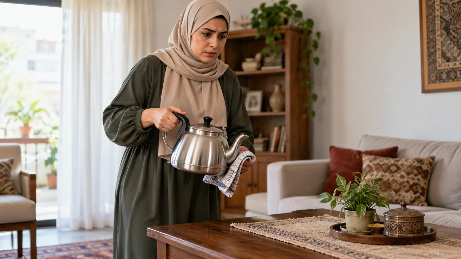 امرأة تحمل إبريق شاي بتوتر في غرفة منزلية