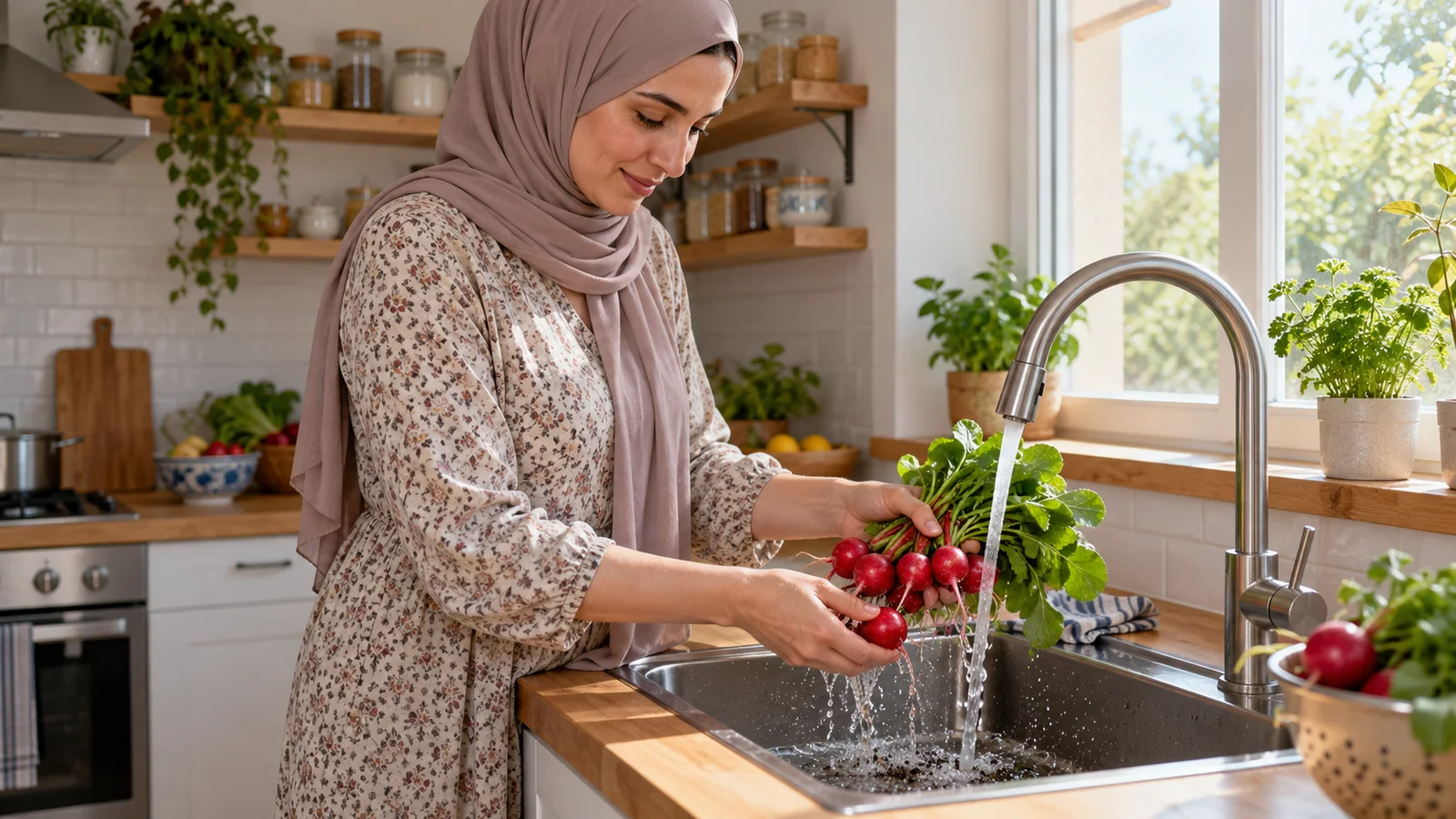 امرأة تغسل الفجل الأحمر من التراب بماء جارٍ