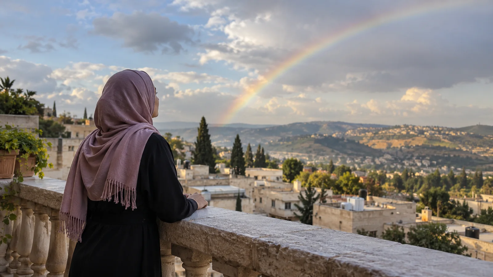 امرأة تتأمل قوس قزح في السماء من شرفة