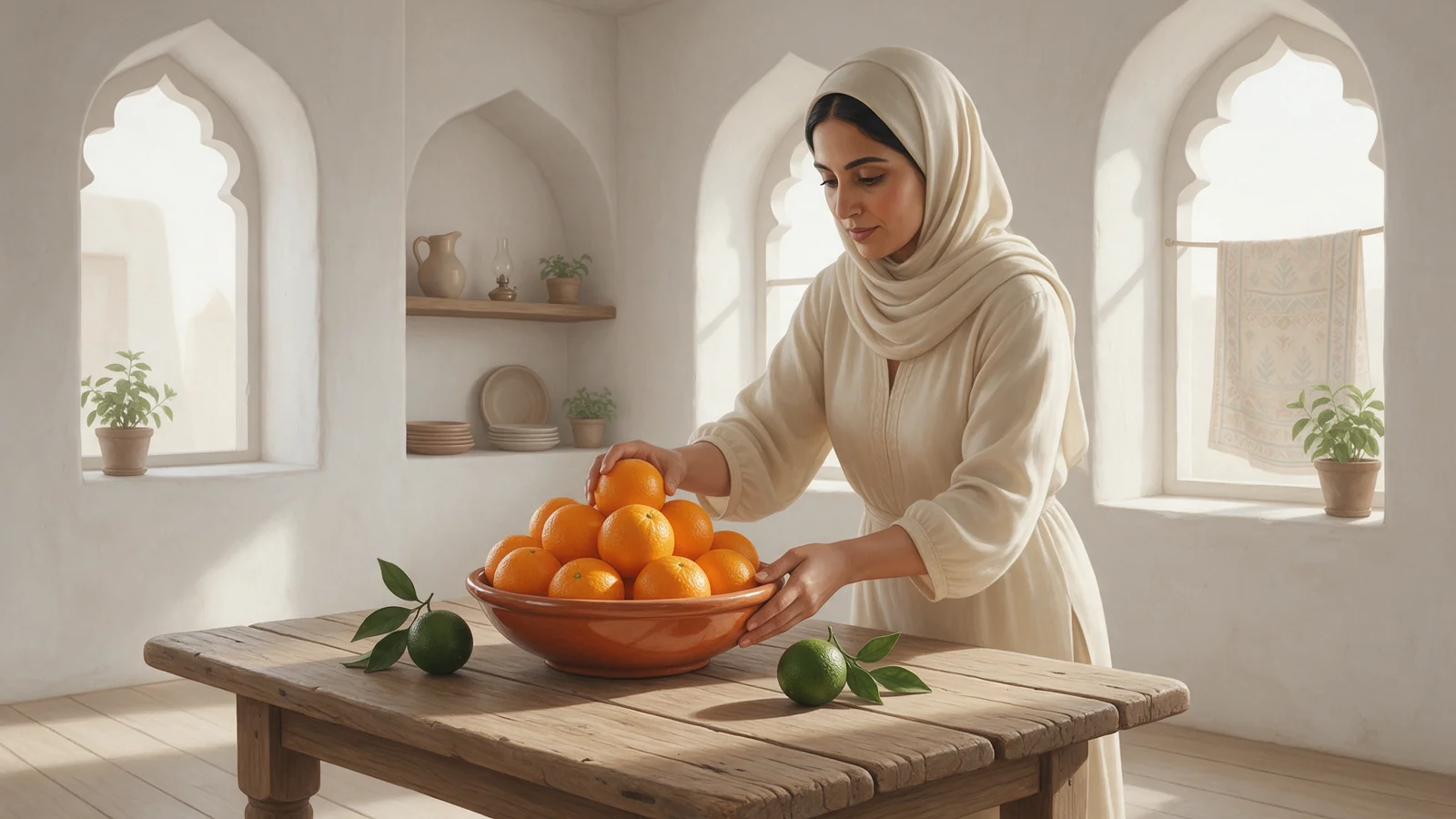 امرأة عربية ترتب برتقالا ناضجا وإلى جانبه برتقال أخضر في البيت