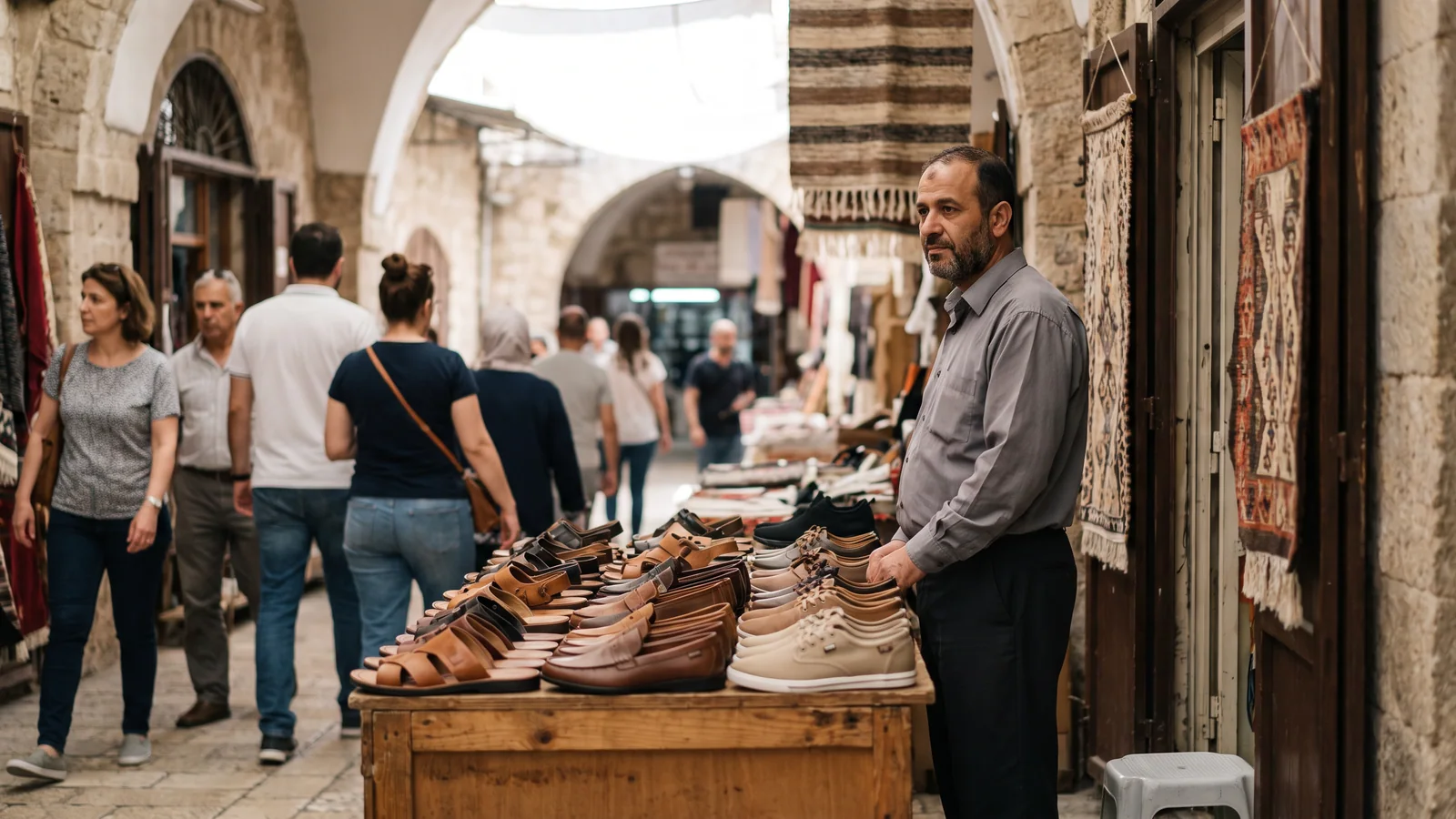 سوق أحذية تقليدي تعرض فيه أزواج متنوعة من الأحذية