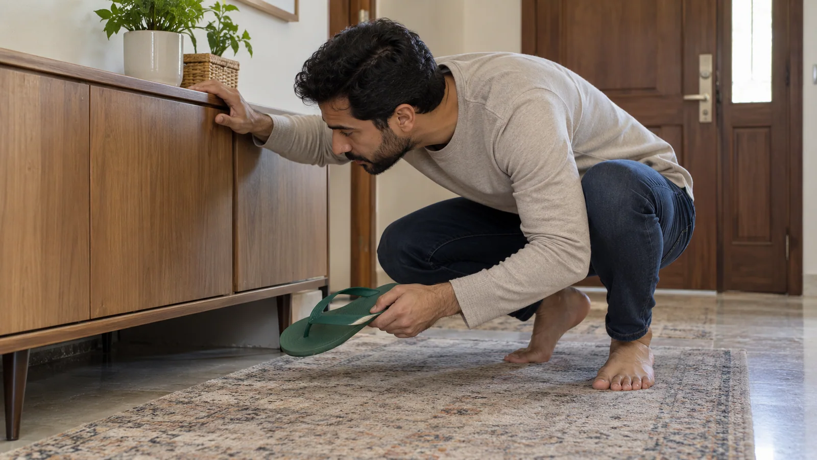 رجل يبحث عن فردة شبشب وهو يحمل الفردة الأخرى