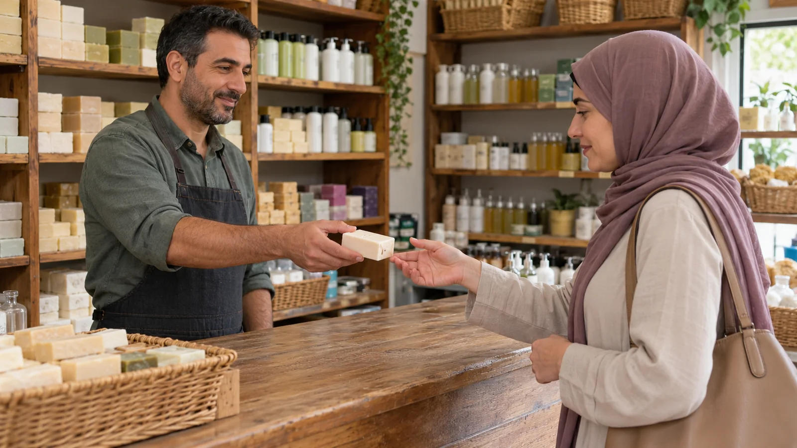 امرأة تشتري صابونًا من متجر صغير