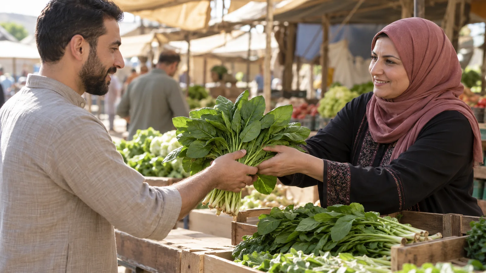 رجل يشتري حزمة سبانخ من بائعة خضروات