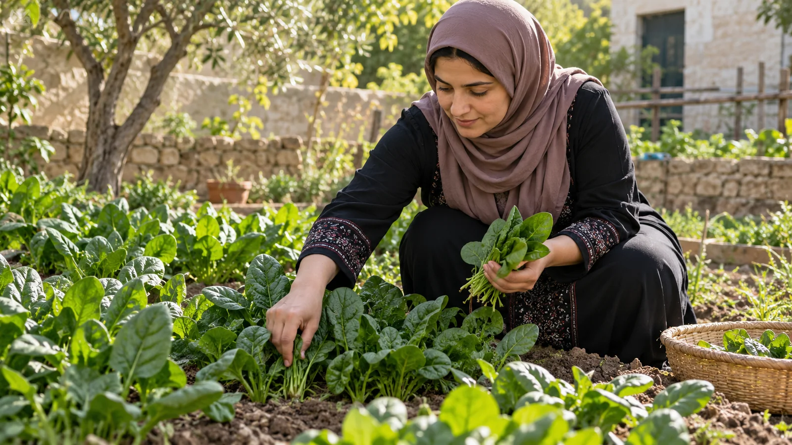 امرأة تقطف السبانخ بيديها من حديقة