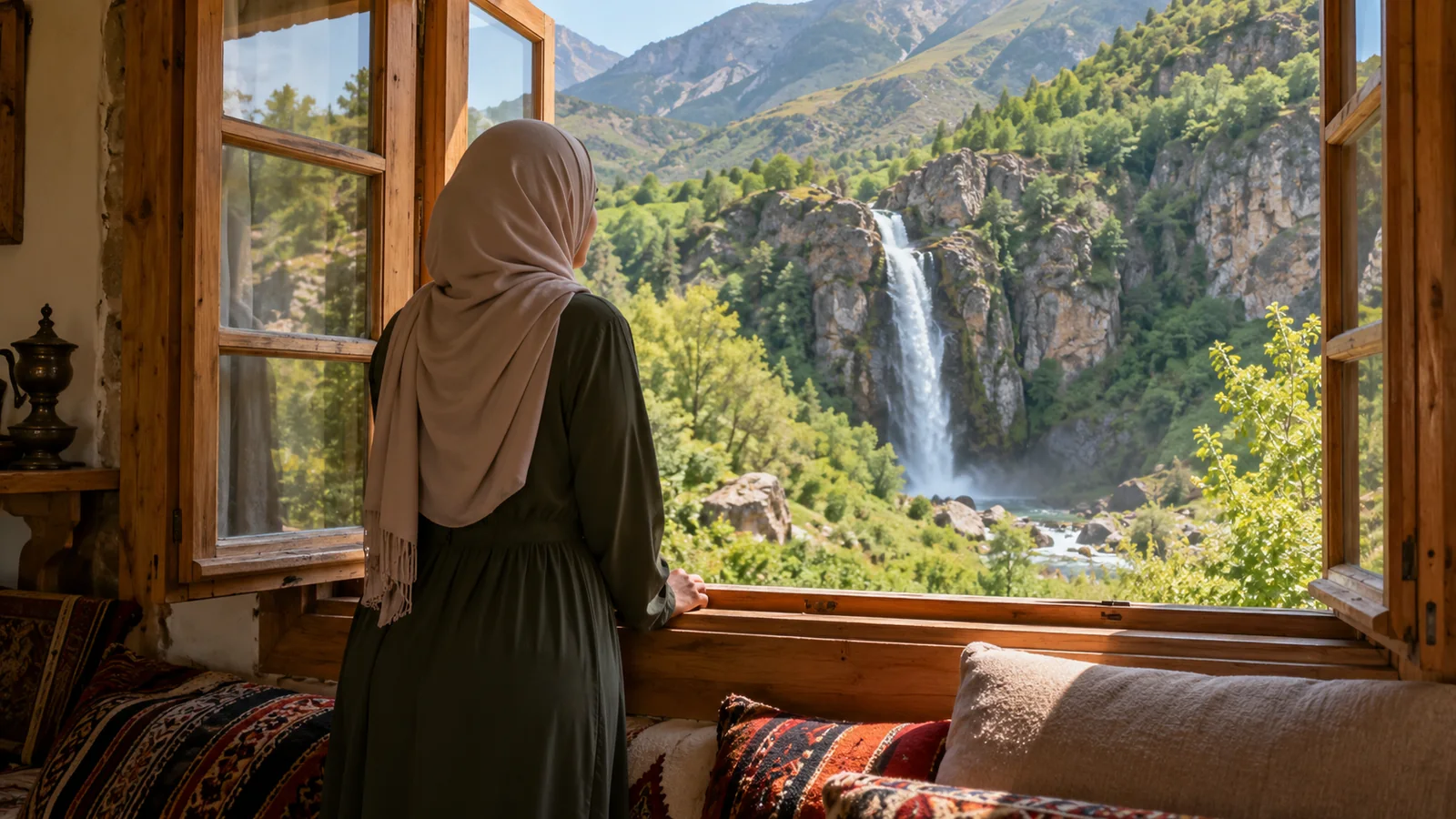 امرأة تنظر من نافذة إلى شلال في الطبيعة