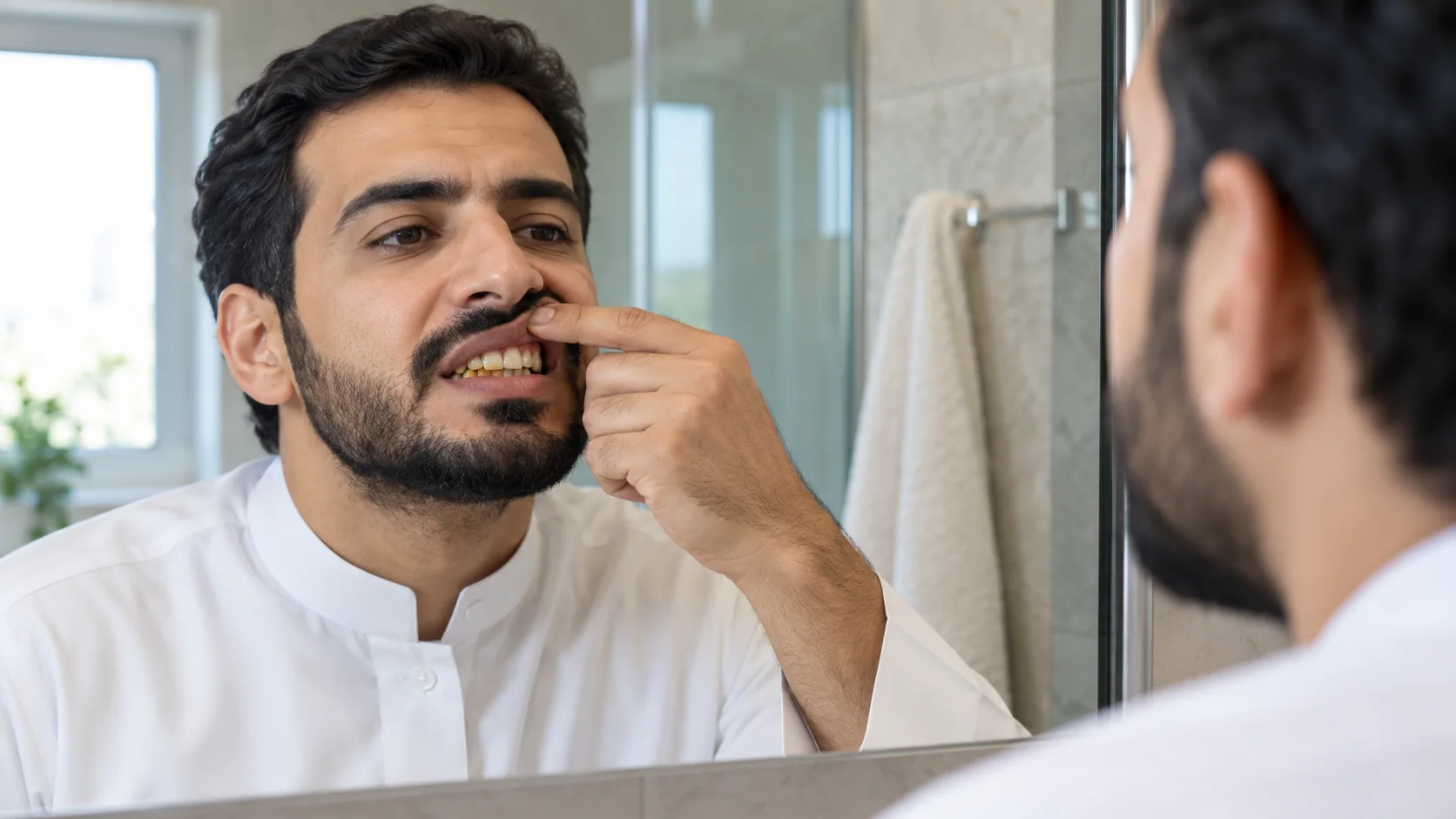 رجل ينظر إلى أسنانه المصفرّة في مرآة الحمام